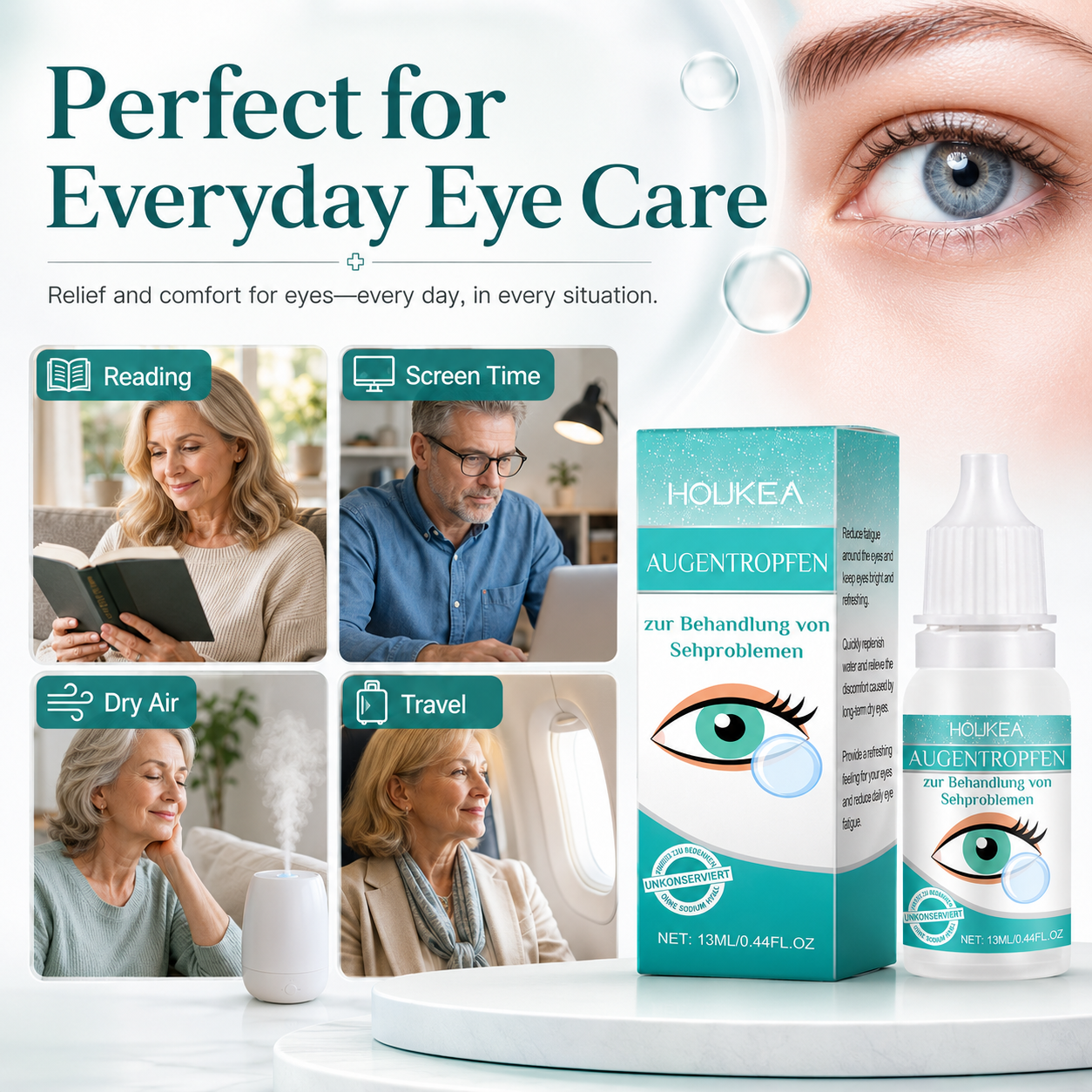 HOUKEA eye drops shown with reading screen time dry air and travel use situations