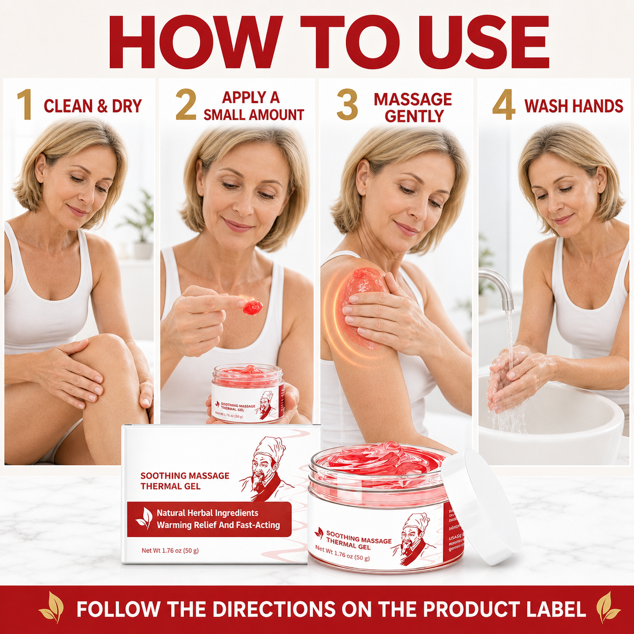 Four-step directions: clean and dry, apply a small amount, massage gently, then wash hands