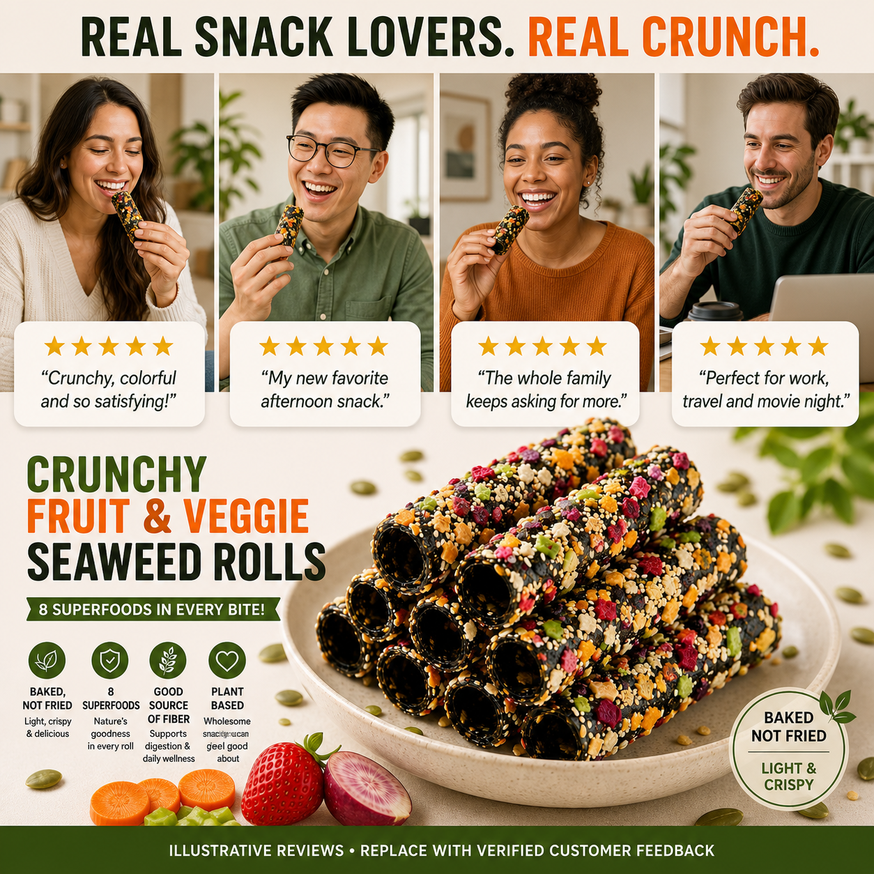 Crunchy Fruit & Veggie Seaweed Rolls – Natural Crispy Seaweed Snack with Real Fruit & Vegetable Ingredients-WHffice & On-the-Go Treat-WH