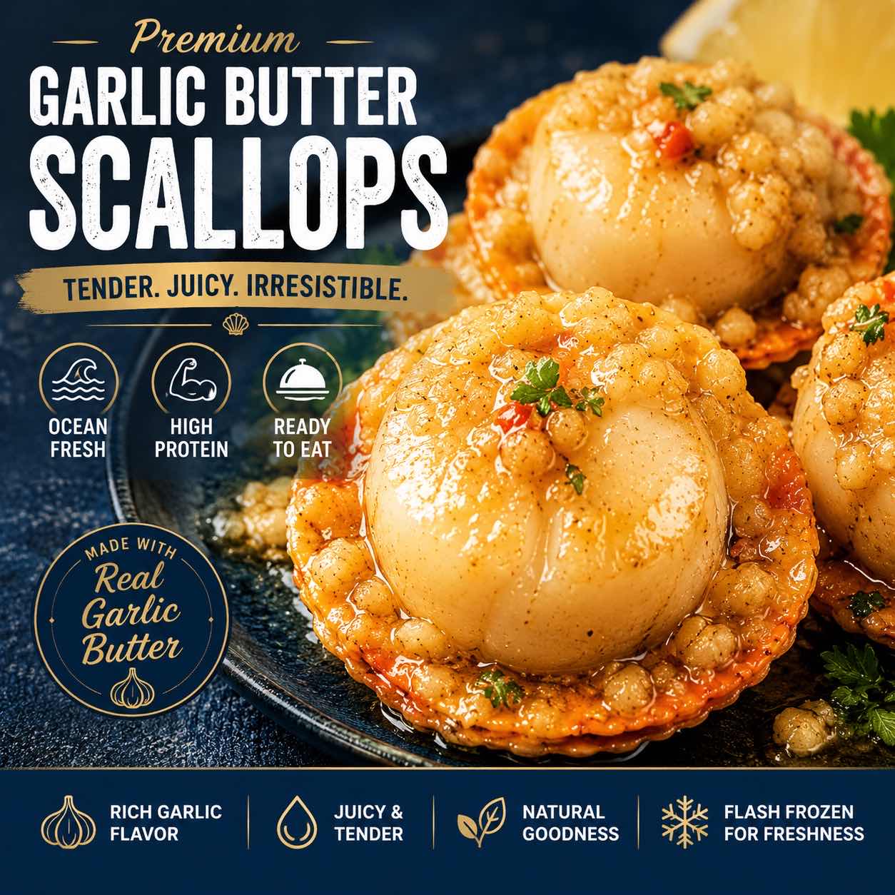 Premium Garlic Butter Scallops - Ocean Fresh Ready-to-Eat Seafood -WH
