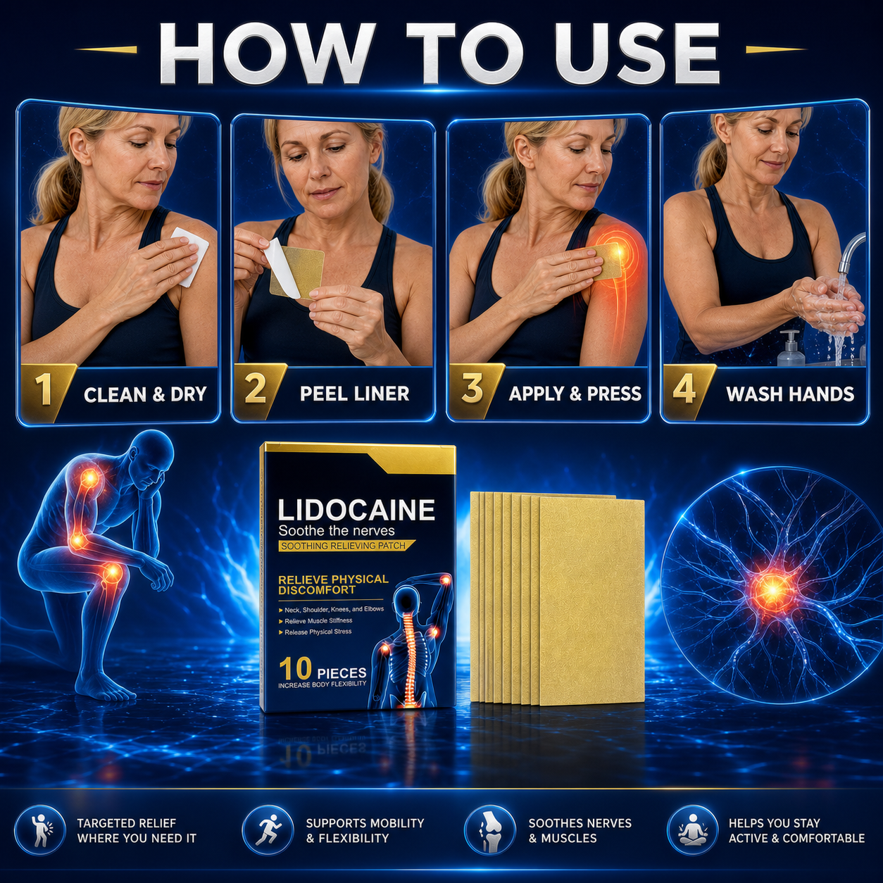 Lidocaine Soothing Relieving Patch | Advanced Nerve & Muscle Comfort Support for Neck, Shoulder, Knee & Elbow-WH