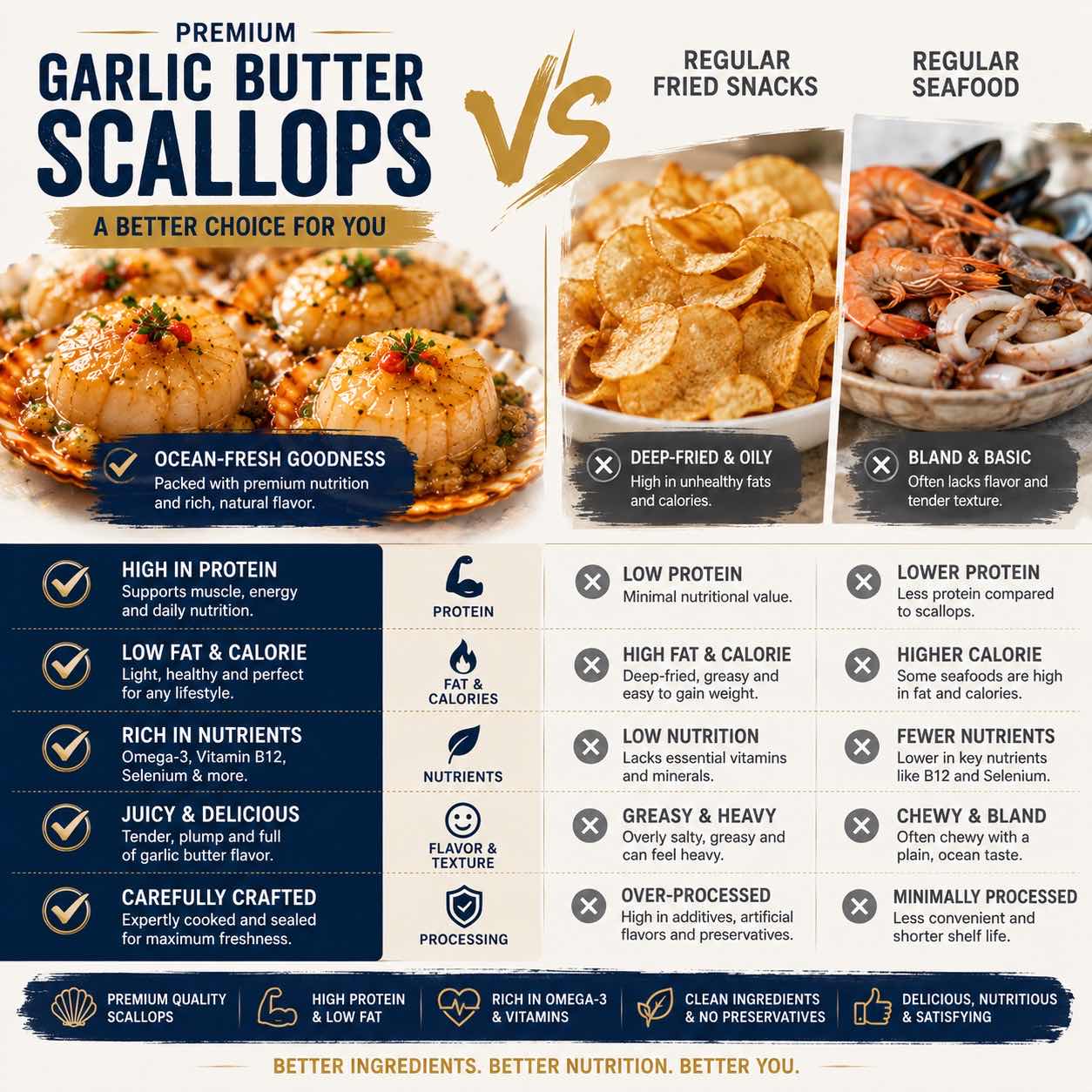 Premium Garlic Butter Scallops - Ocean Fresh Ready-to-Eat Seafood -WH