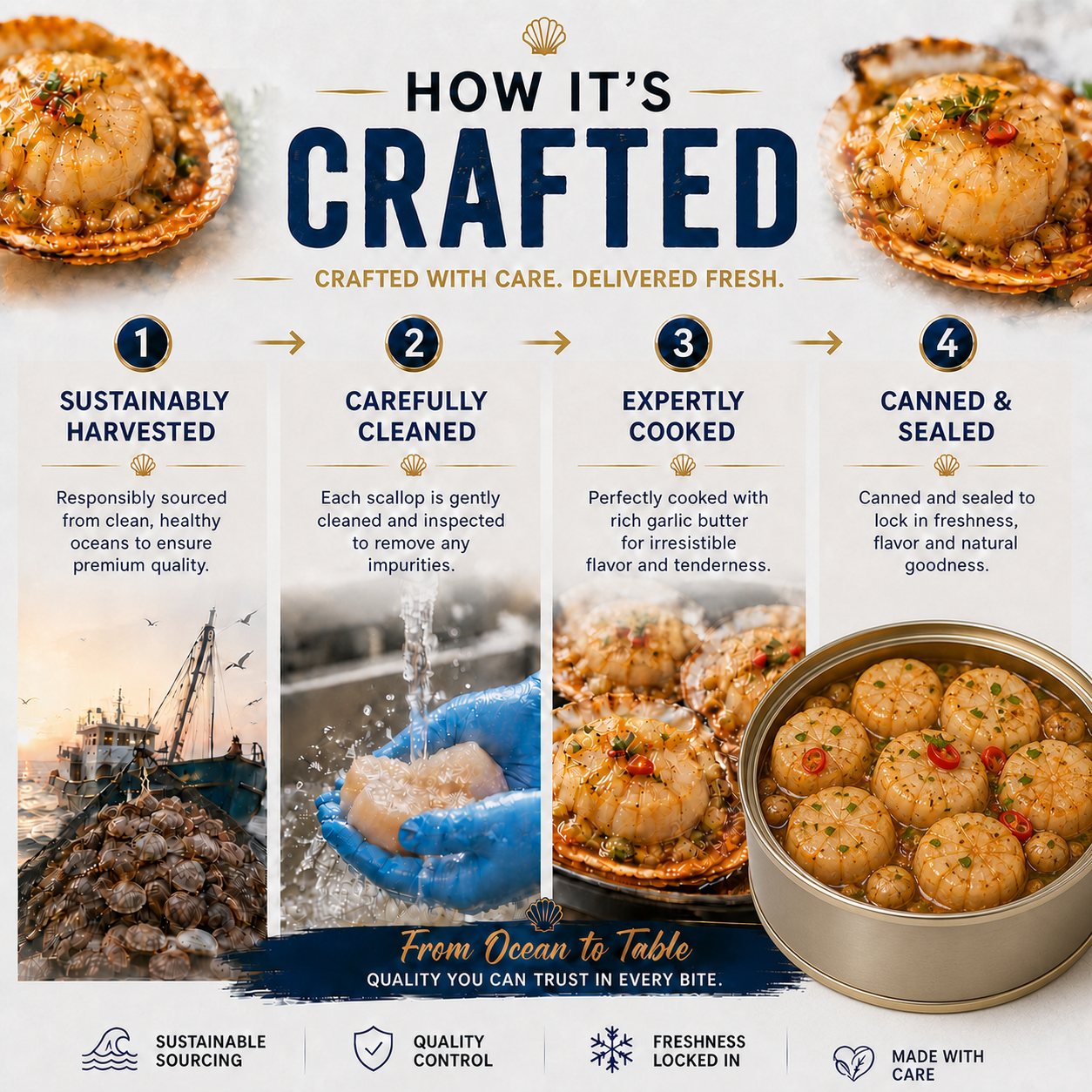Premium Garlic Butter Scallops - Ocean Fresh Ready-to-Eat Seafood -WH