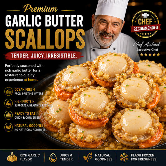 Premium Garlic Butter Scallops - Ocean Fresh Ready-to-Eat Seafood -WH