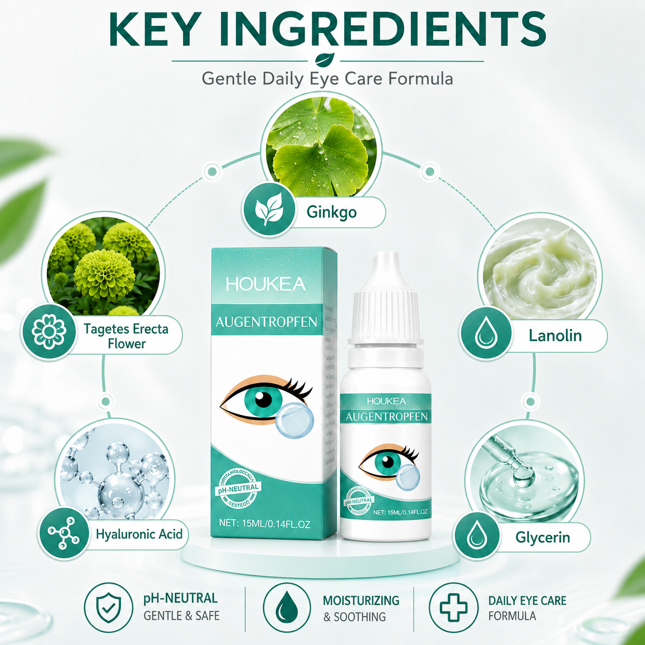 HOUKEA eye drops with ginkgo tagetes flower lanolin hyaluronic acid and glycerin ingredient artwork