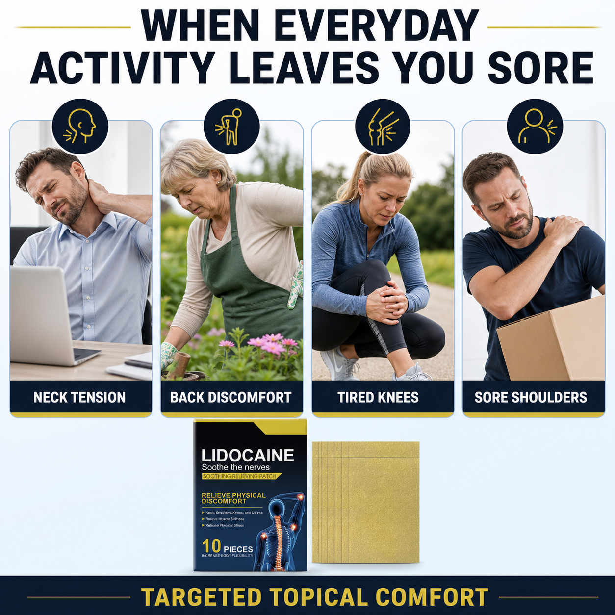 People experiencing neck, back, knee and shoulder discomfort