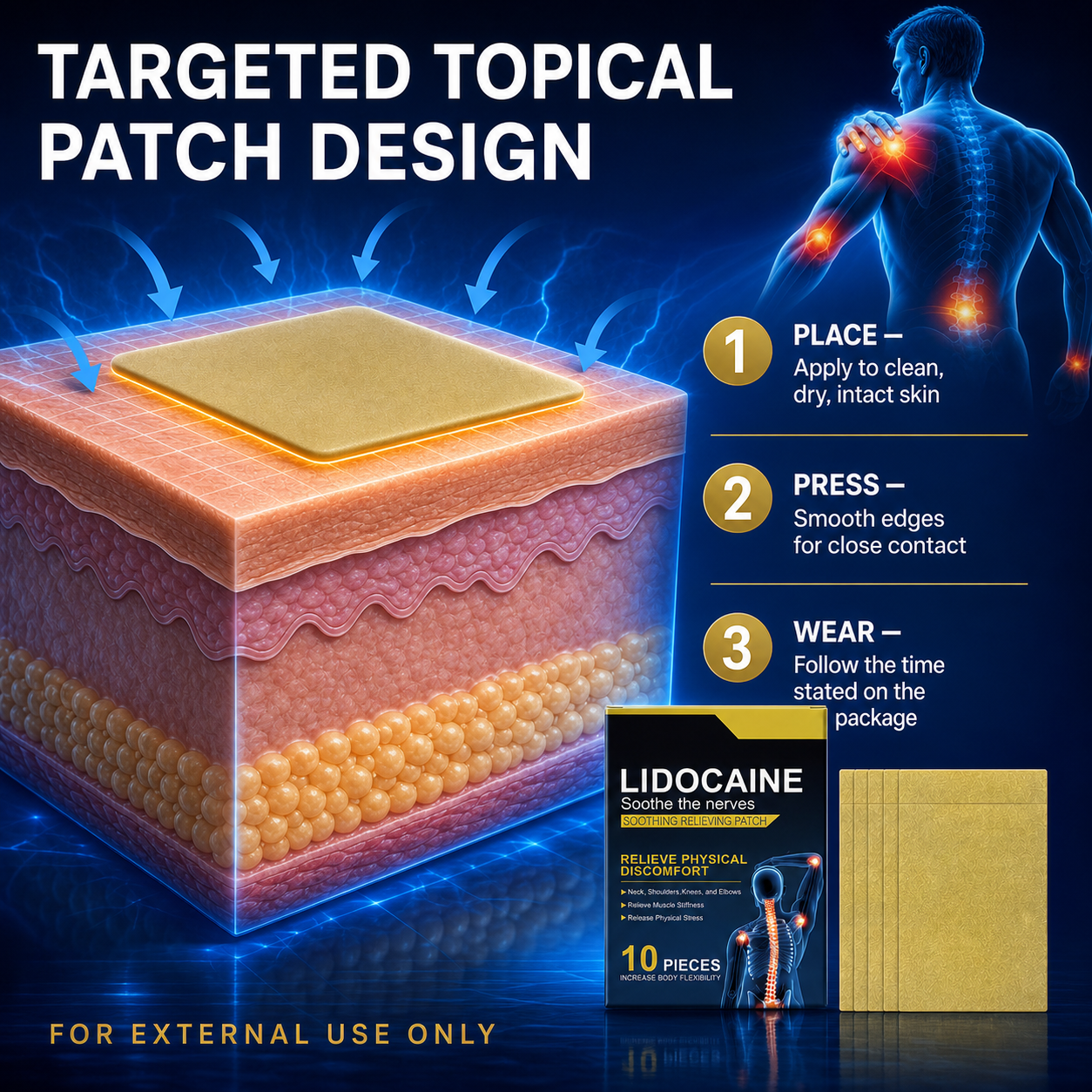 Illustration of a rectangular topical patch placed on intact skin