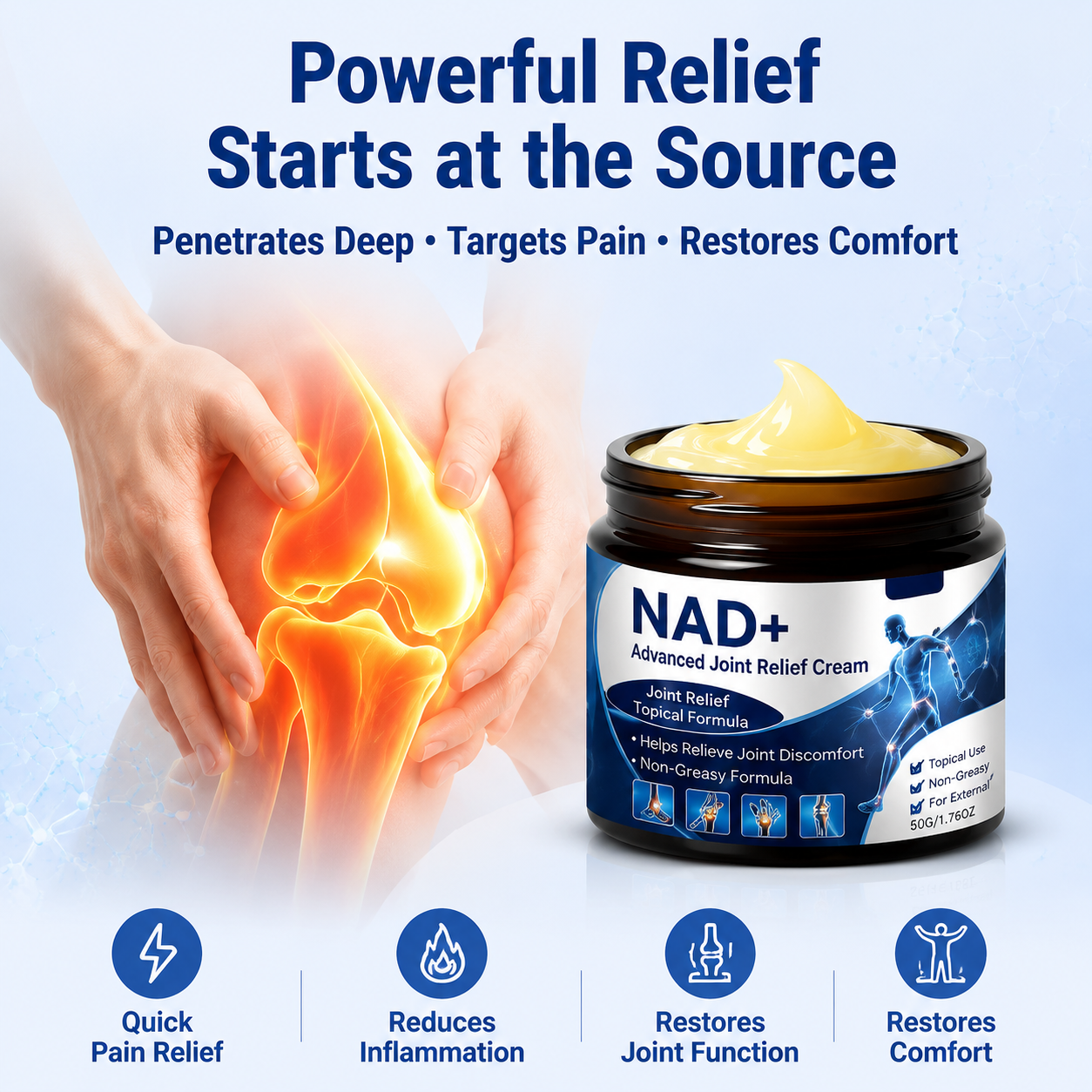 NAD+ joint cream shown beside an illustrative knee comfort graphic