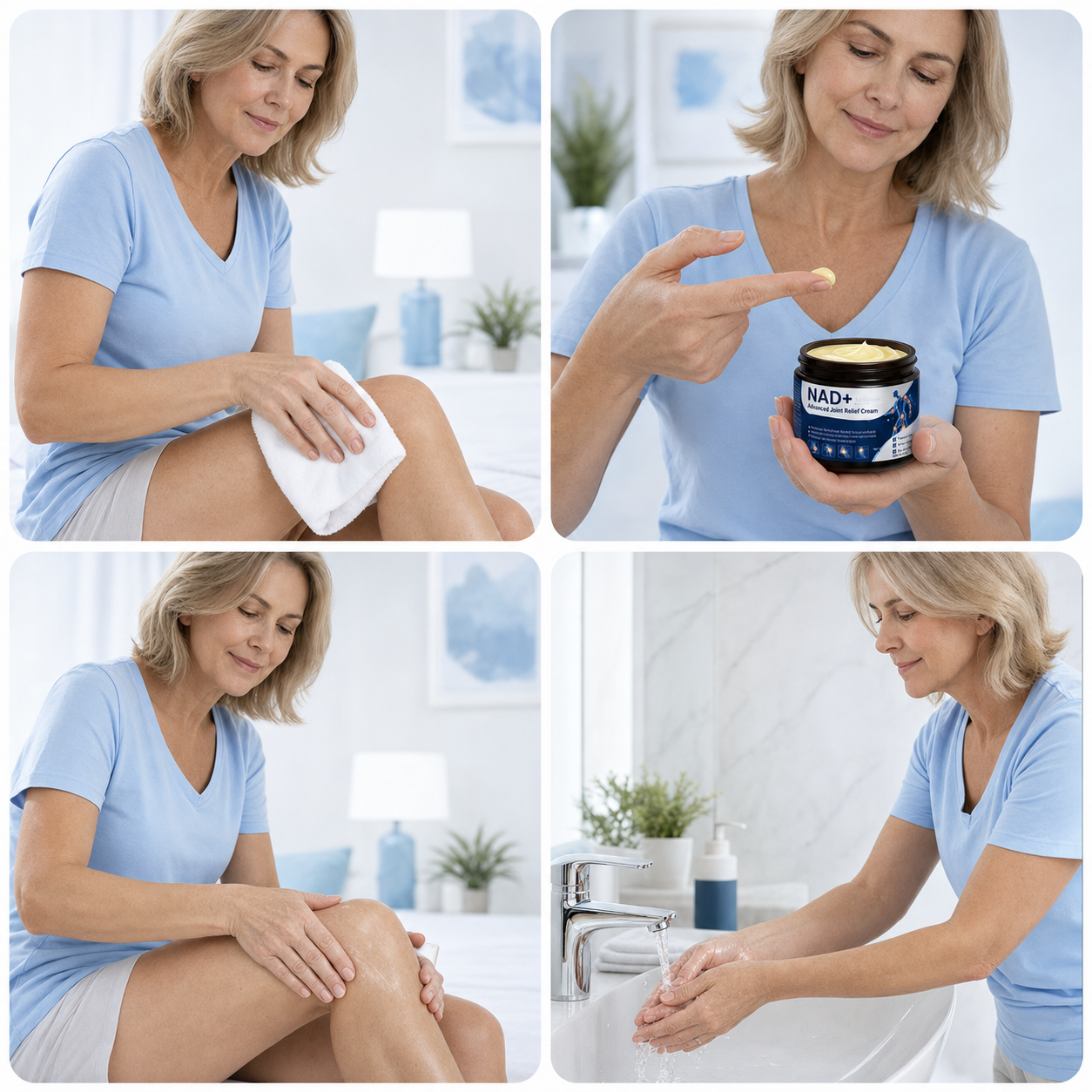 Four-panel demonstration showing clean and dry skin, a small amount of cream, gentle massage and hand washing